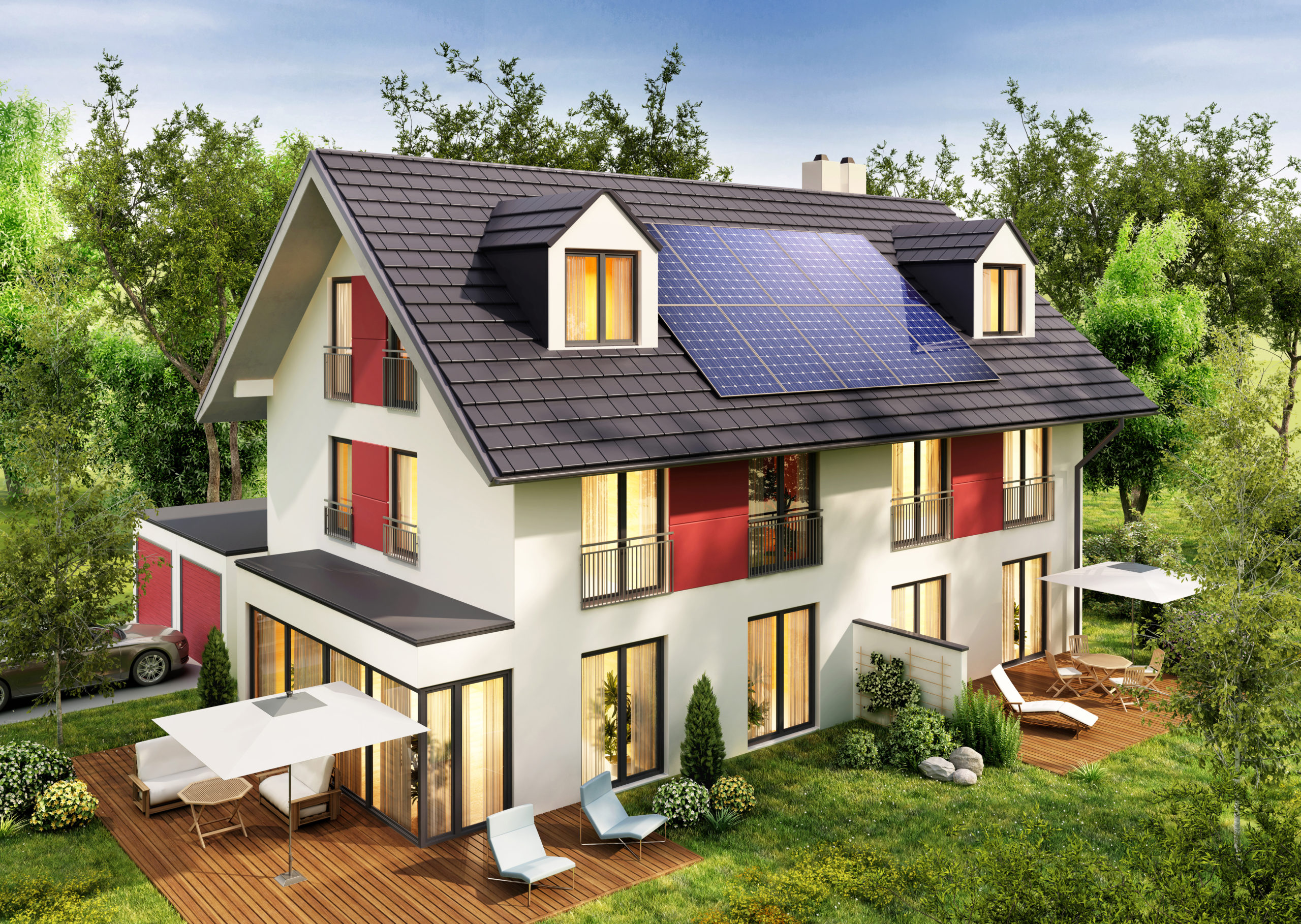Modern townhouse with solar panels on the roof Modern house with solar panels on the roof